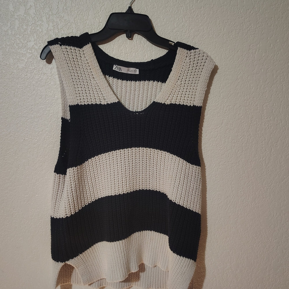 Striped Black and White Knit Sweater Vest